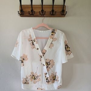 Maurices White and Pink Floral Buttoned Blouse